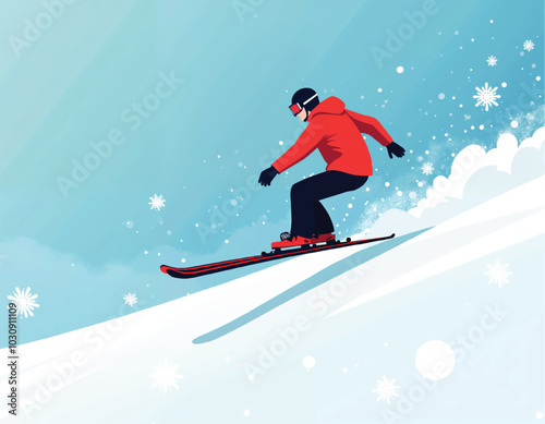 vector illustration of a man in a red winter coat is skiing down a snowy hill on blue sky background