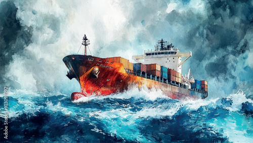 Huge Container Ship on Stormy Sea in Dramatic Watercolor Background Illustration Featuring Turbulent Waves Dark Clouds Maritime Scene Shipping Industry Ocean Transport