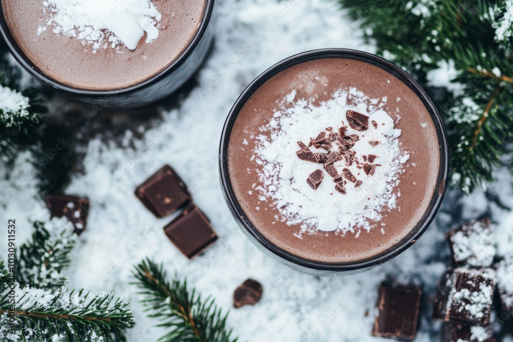 A cozy and delightful hot chocolate treat, complete with a dusting of snow and surrounded by the festive greenery of pine trees.