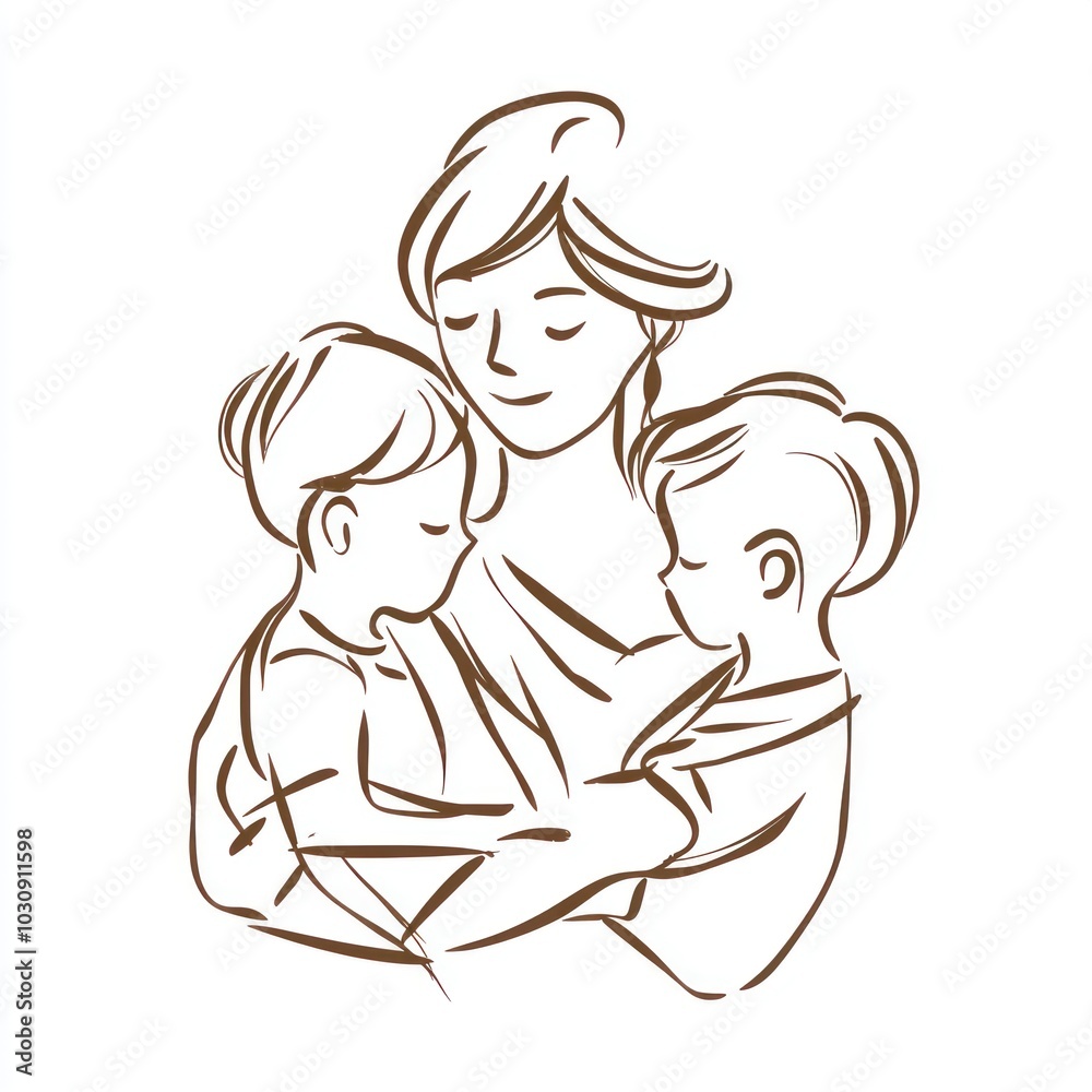 Simple line drawing of a mother holding two children in her arms Generative AI Simple line drawing of a mother holding two children in her arms Generative AI