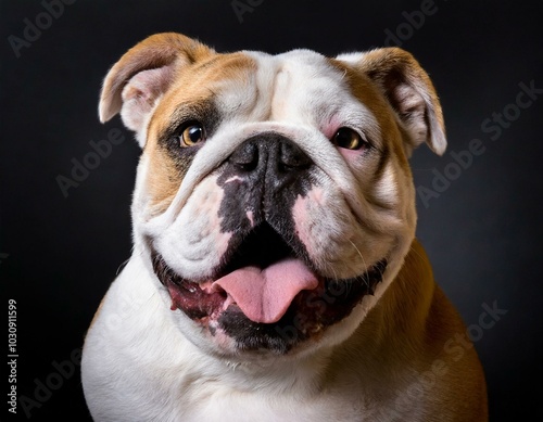 Retrato de un bulldog blanco y marrón con expresion feliz y la lengua fuera aislado sobre un fondo negro