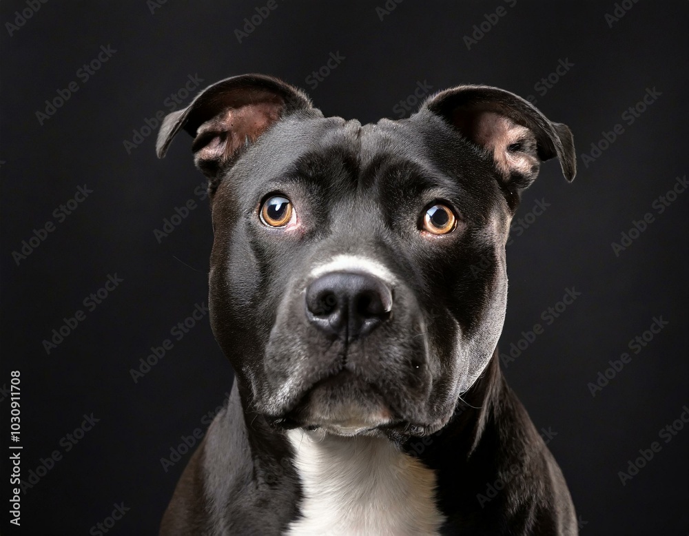 Retrato de un perro de raza staffy sentado y mirando Retrato de un perro de raza staffy sentado y mirando