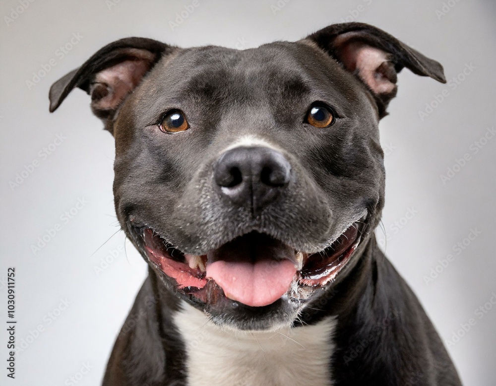 Retrato de un perro de raza staffy sentado y mirando 