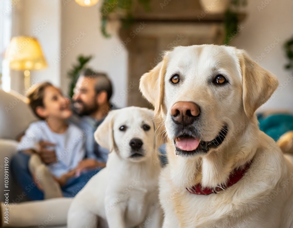 Perro labrador sentado en primer plano junto a un cachorro y a una familia feliz, Perro labrador sentado en primer plano junto a un cachorro y a una familia feliz,