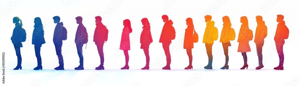 Silhouettes of people standing in a line, depicted in a colorful gradient of blue, green, orange, red, and yellow shades Generative AI Silhouettes of people standing in a line, depicted in a colorful gradient of blue, green, orange, red, and yellow shades Generative AI