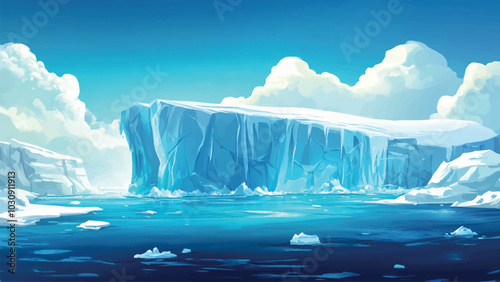 Huge Glacier in Middle of Ocean Cartoon Background Illustration Featuring Majestic Ice Formation Vast Water Landscape and Stunning Natural Beauty