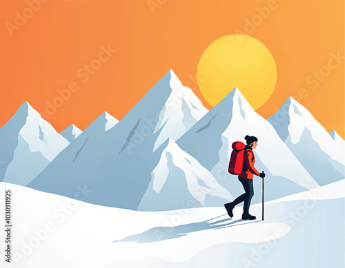 a person in a red jacket is hiking in the snow with a snowy mountain peaks and sun in the background