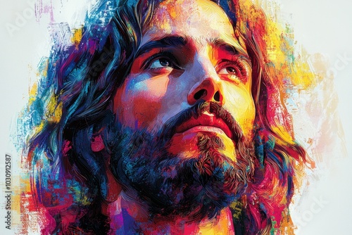 Colorful artistic portrait of Jesus Christ with vibrant abstract background Generative AI