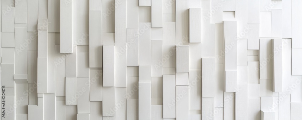 Close-up of a white wall covering made of rectangular tiles of different sizes placed at various depths, creating an abstract three dimensional geometric pattern Close-up of a white wall covering made of rectangular tiles of different sizes placed at various depths, creating an abstract three dimensional geometric pattern