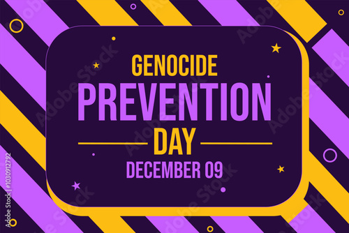 Genocide Prevention Day background design in purple and yellow typography with shapes