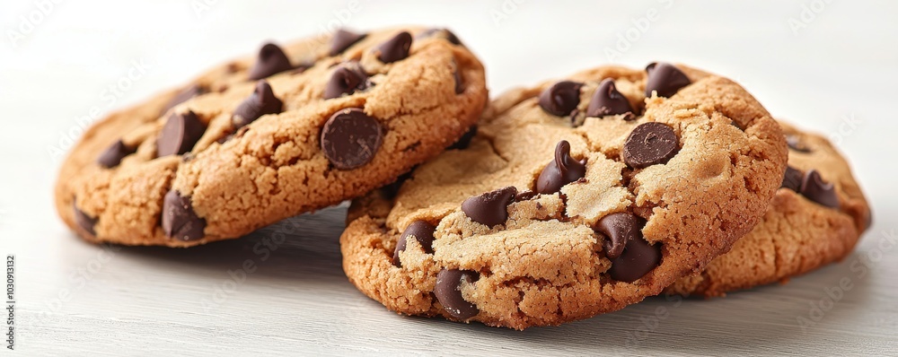 Two delicious chocolate chip cookies on a light surface, showcasing their gooey chocolate chunks and golden brown texture. Two delicious chocolate chip cookies on a light surface, showcasing their gooey chocolate chunks and golden brown texture.