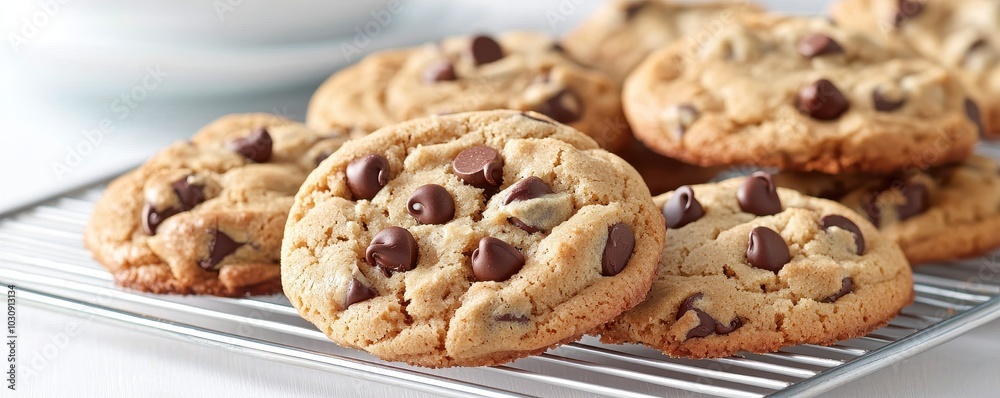 Freshly baked chocolate chip cookies cooling on a wire rack, showcasing their golden brown color and melted chocolate chips. Freshly baked chocolate chip cookies cooling on a wire rack, showcasing their golden brown color and melted chocolate chips.