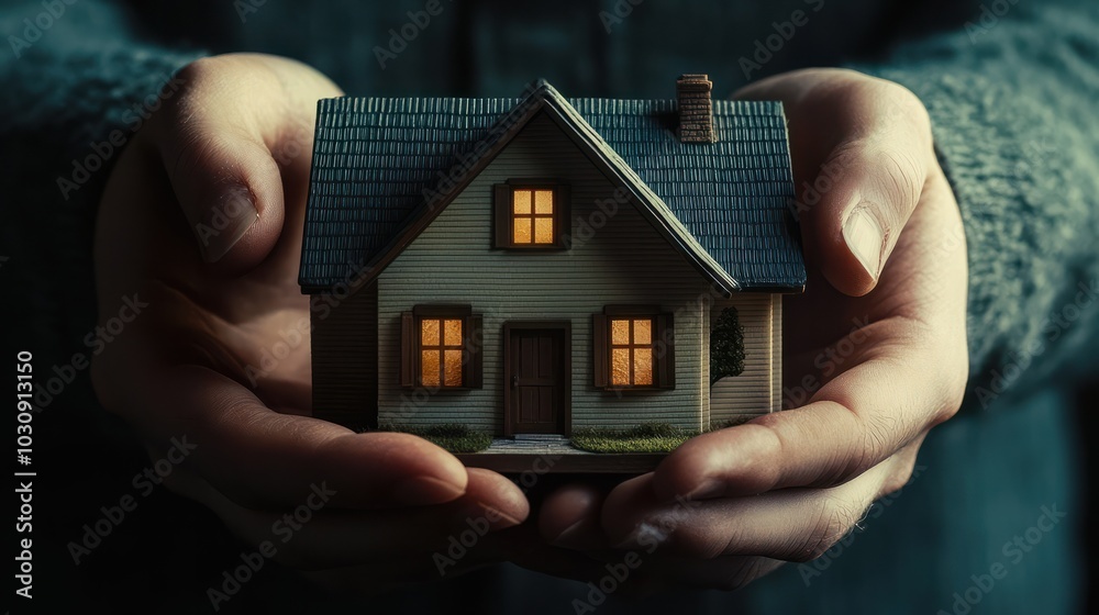 Hands enveloping a model home, the concept of home insurance and protection. Hands enveloping a model home, the concept of home insurance and protection.