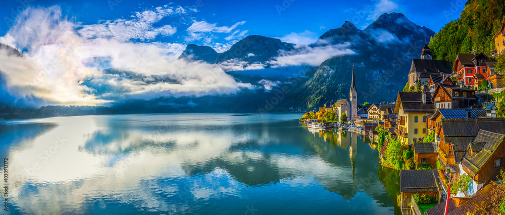 Hallstatt - wchód słońca, Austria, Górna Austria