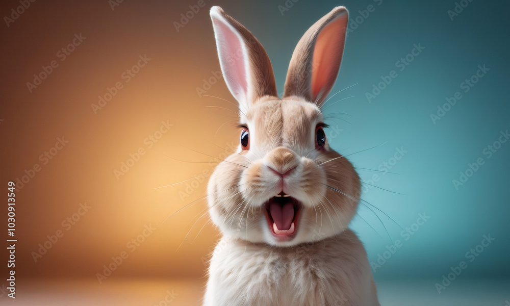 Fototapeta premium Happy Easter. Bunny rabbit hare on color studio background. Surprised funny emotion, Expressive young rabbit standing in front, making a face. Baby greeting card. Blue yellow pastel color background.