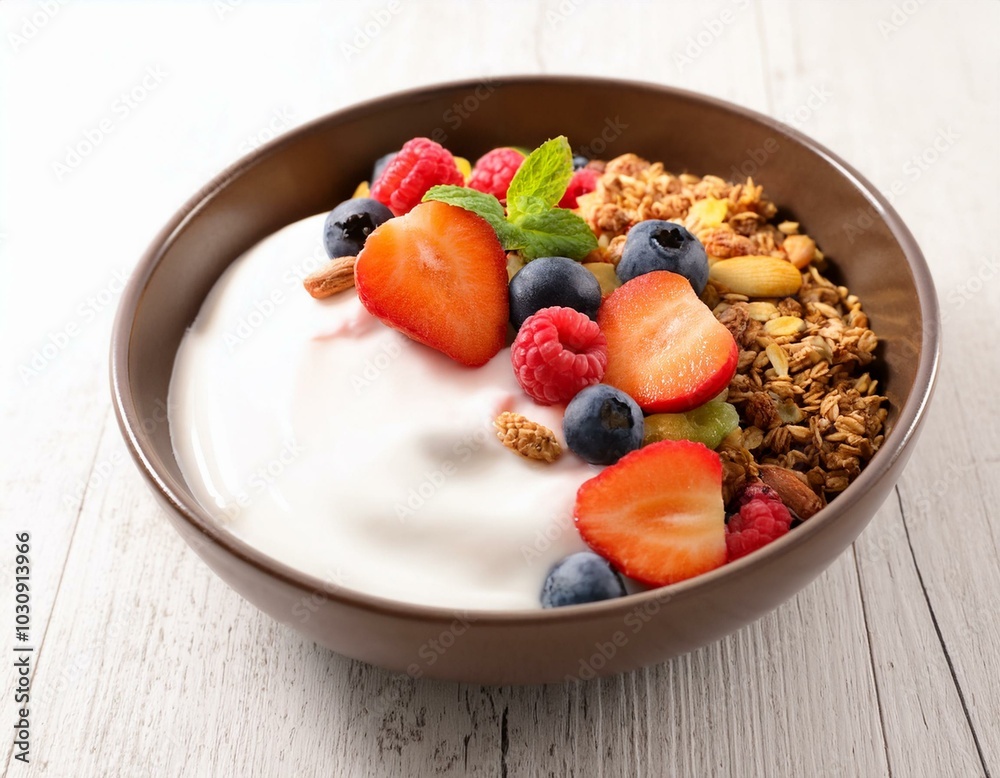 Bol con desayuno de yogur, cereales, y fruta fresca sobre fondo blanco Bol con desayuno de yogur, cereales, y fruta fresca sobre fondo blanco