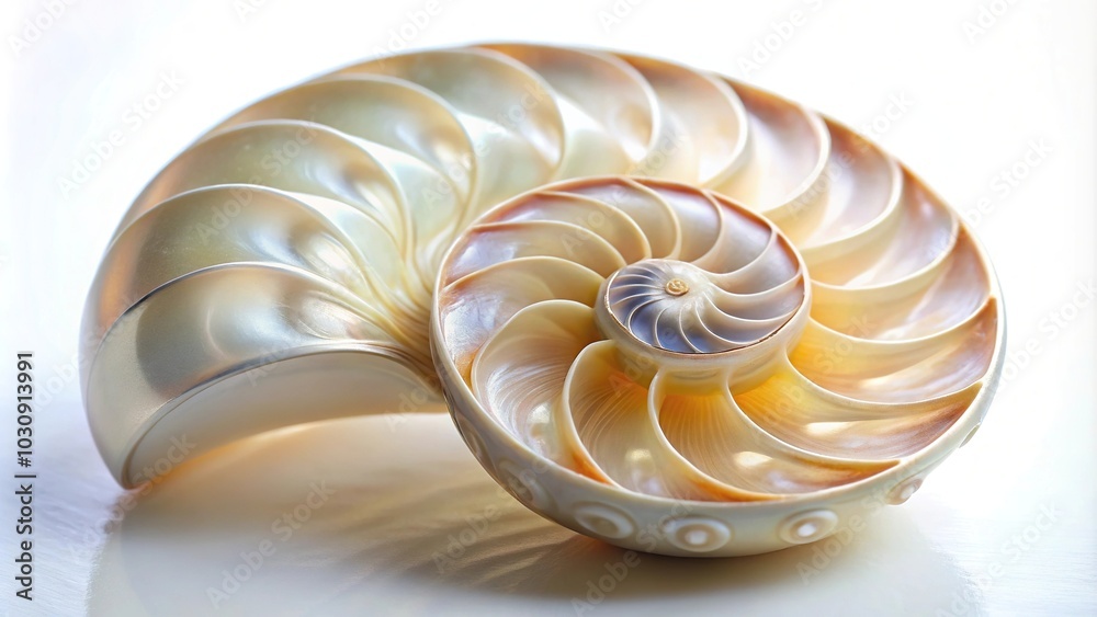 Extreme close-up of a pearl shell from a nautilus pompilius on a white background Extreme close-up of a pearl shell from a nautilus pompilius on a white background