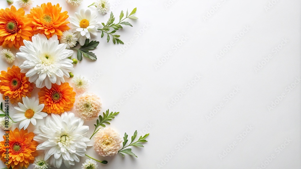 Obraz premium Extreme close-up of flat lay white and orange flower on white background