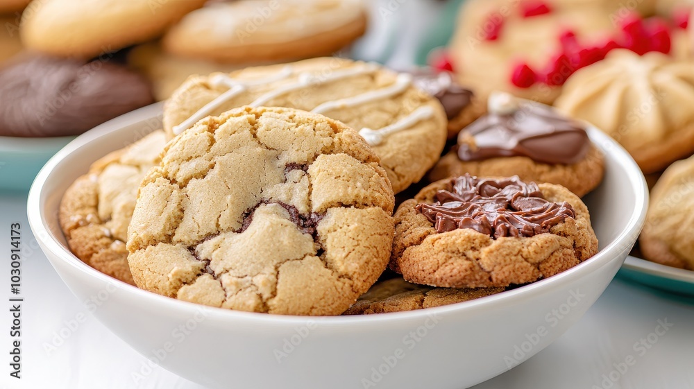 A bowl filled with assorted cookies, showcasing different textures and toppings, surrounded by more cookies on the table. A bowl filled with assorted cookies, showcasing different textures and toppings, surrounded by more cookies on the table.