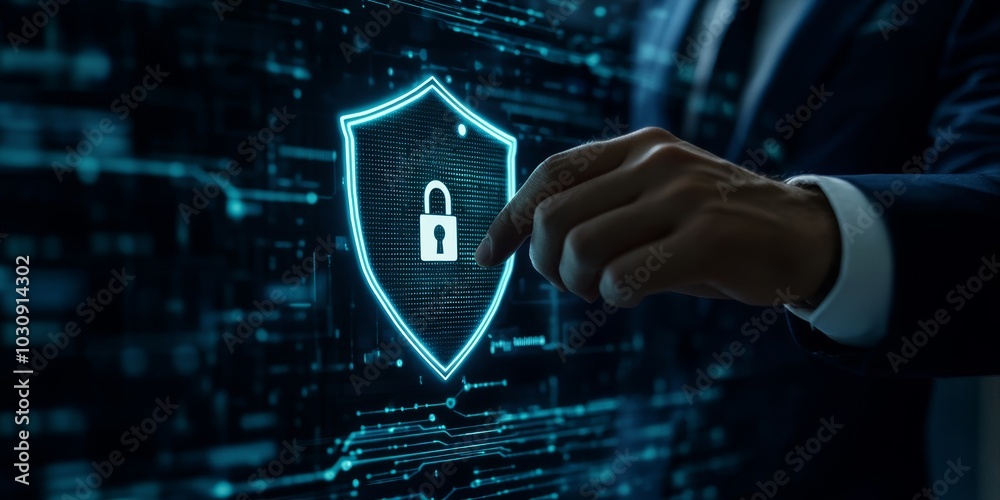 Fototapeta premium Businessman touching a digital virtual shield with a padlock icon on a hologram screen Businessman touching a digital virtual shield