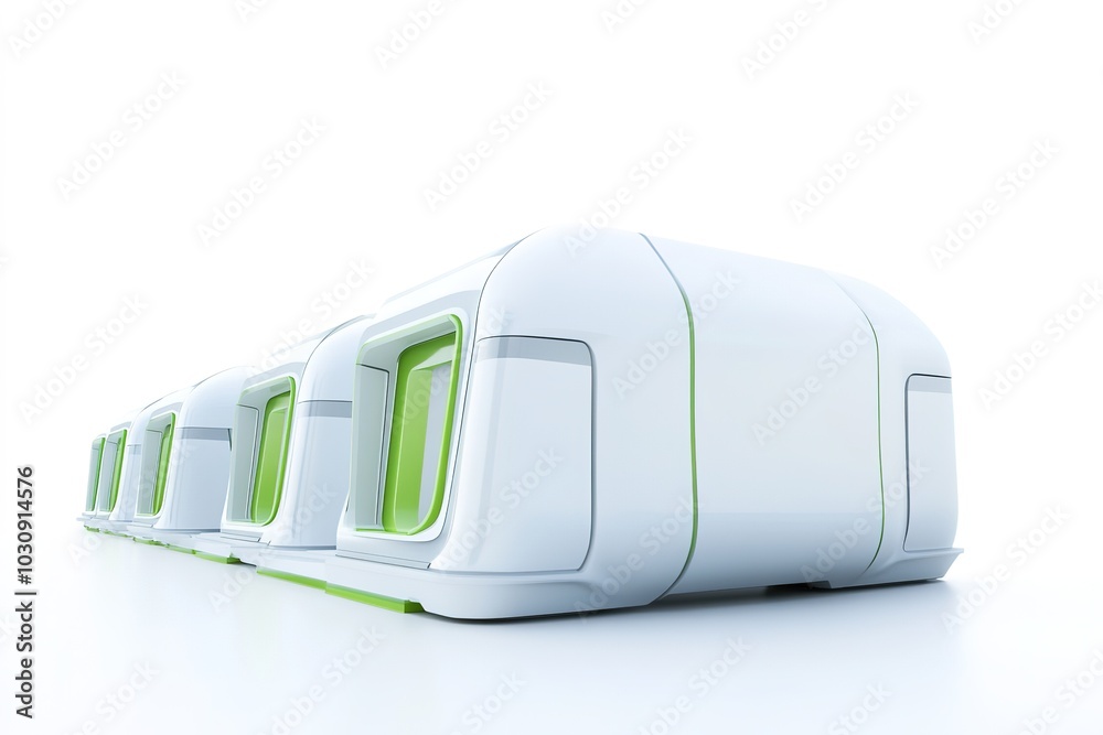 Futuristic white modular pod homes with green accents Futuristic white modular pod homes with green accents