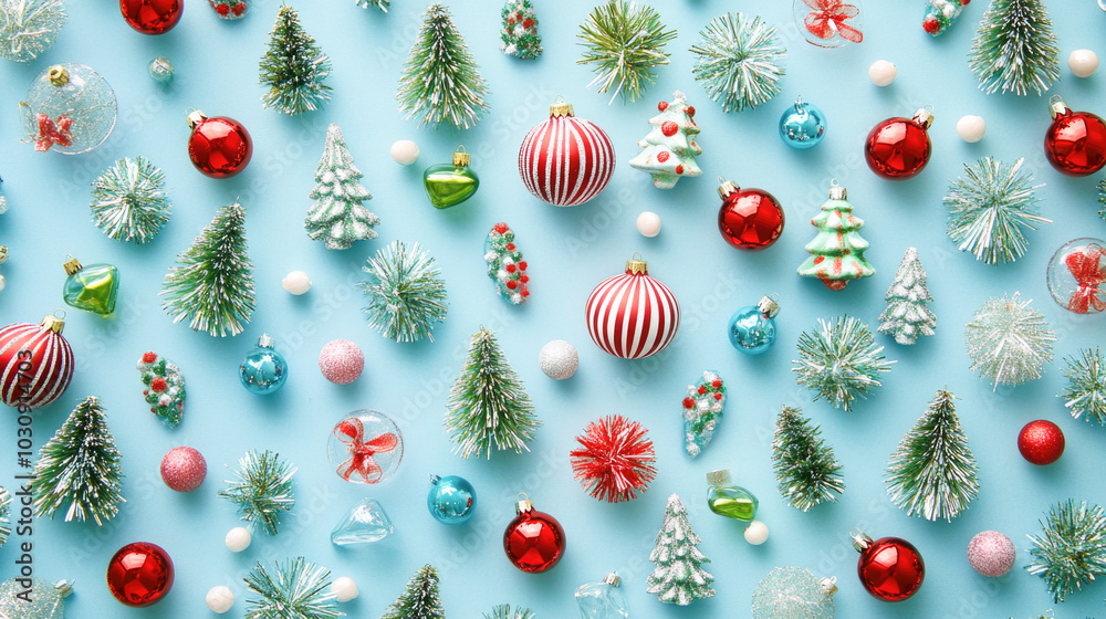 Festive christmas ornaments and miniature trees on light blue background Festive christmas ornaments and miniature trees on light blue background