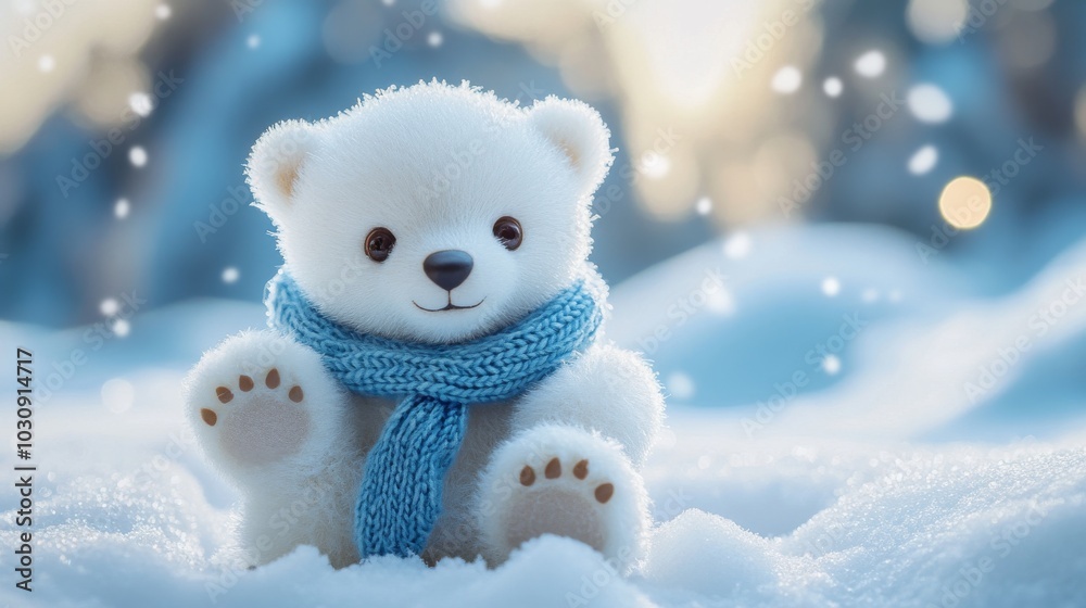 Sweet polar bear toy sits peacefully in the snowy landscape, wrapped in a cozy blue scarf, with delicate snowflakes falling in the background, capturing the essence of winter magic and wonder Sweet polar bear toy sits peacefully in the snowy landscape, wrapped in a cozy blue scarf, with delicate snowflakes falling in the background, capturing the essence of winter magic and wonder
