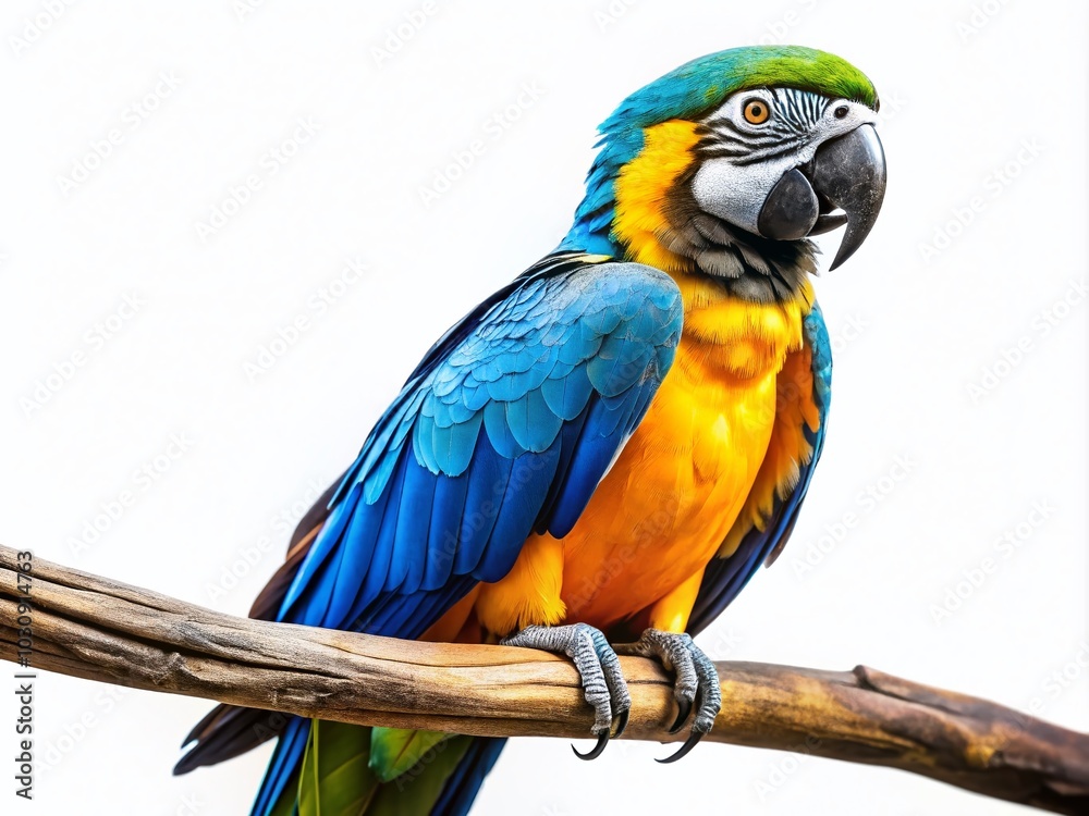 Fototapeta premium Stunning Blue and Yellow Macaw Parrot Perched on Branch with Vibrant Feathers Against White Background