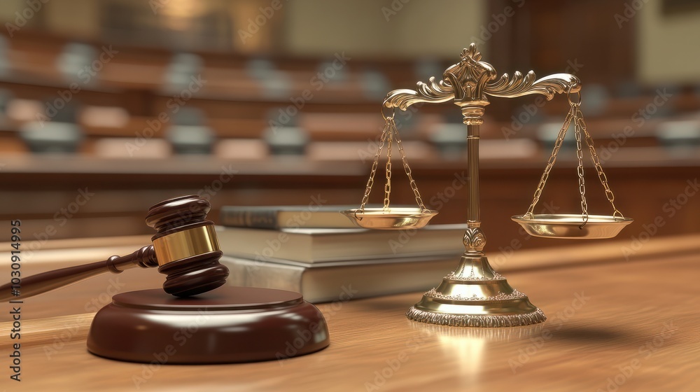 Legal concept image featuring a judge's gavel, scales of justice, and law books in a courtroom setting with blurred background. Legal concept image featuring a judge's gavel, scales of justice, and law books in a courtroom setting with blurred background.