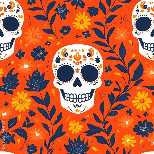 Day of the dead Seamless pattern skull and floral ornament with halloween illustration Background,generative ai