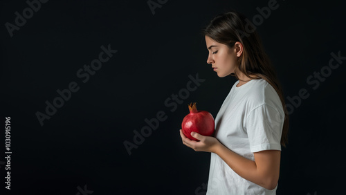 sad young Israeli woman wearing white t-shirt holding pomegranate side profile isolated on dark background October 7th memorial day concept photo