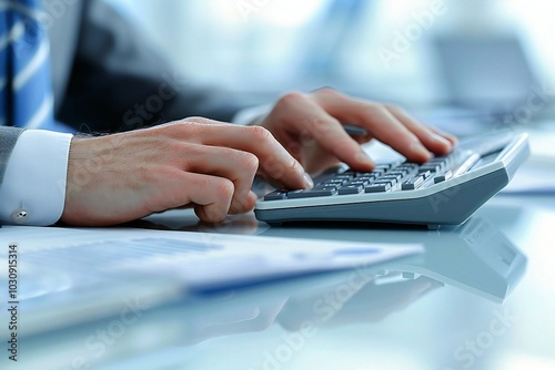 close-up shot of a businessman's hands using a calculator to calculate expenses on his desk in a professional office setting.