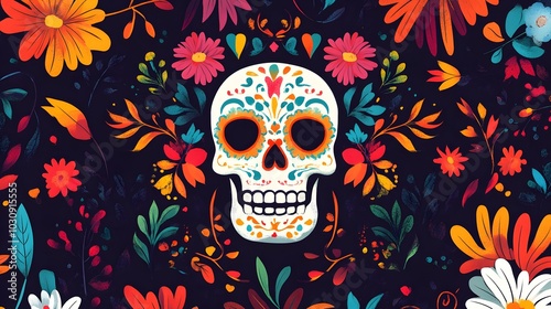 Day of the dead Seamless pattern skull and floral ornament with halloween illustration Background,generative ai