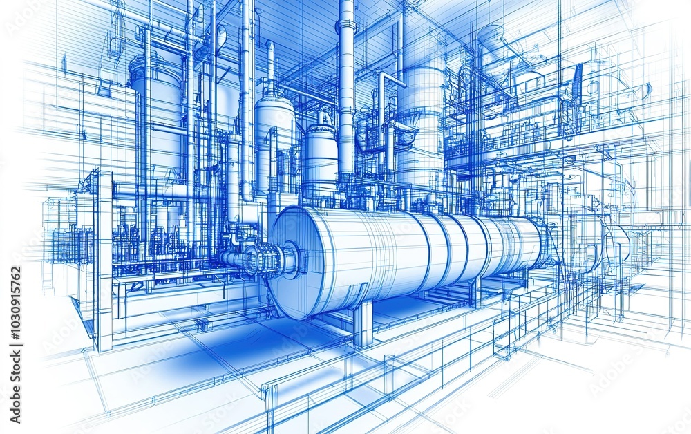 Blueprint of an industrial plant showcasing machinery and equipment layout in a complex engineering environment Blueprint of an industrial plant showcasing machinery and equipment layout in a complex engineering environment