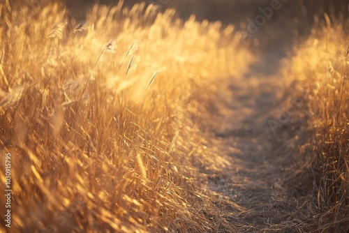 Golden wheat field pathway basked in warm sunlight photo