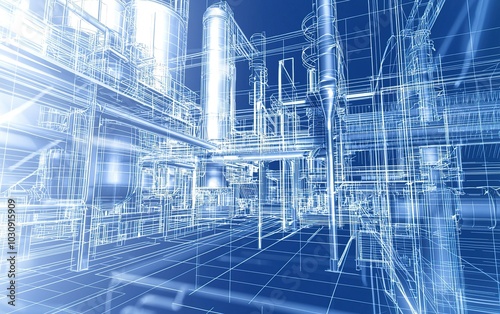 Detailed blueprint of an industrial facility illustrating complex machinery and piping layout at a manufacturing location