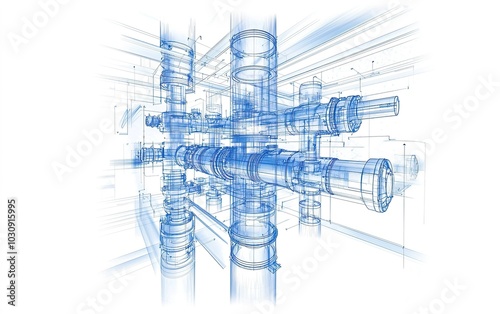 Blueprint of intricate piping system showcasing engineering design in a modern construction environment
