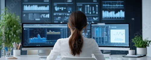 Professional woman analyzing data on screens