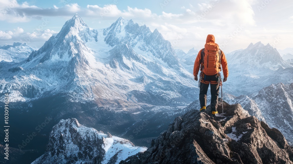 Fototapeta premium Person hiking rocky mountain peak is wearing orange Climber back