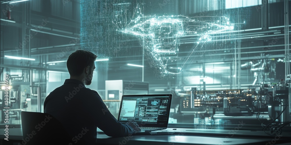 A man in the foreground using his laptop, with a digital twin of an industrial machine floating above it and connected to other machines A man in the foreground using his laptop, with a digital twin of an industrial machine floating above it and connected to other machines