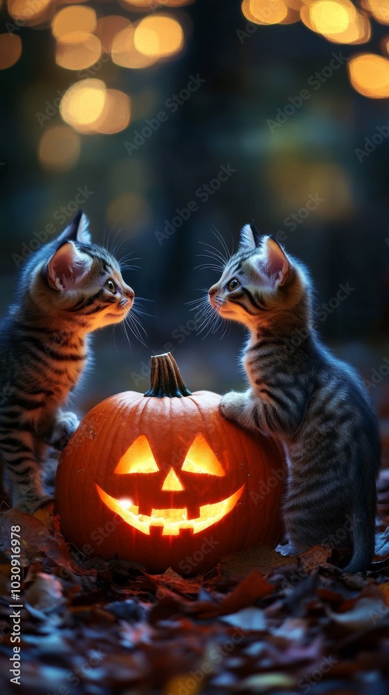 Naklejka premium Two cute kittens play on fallen leaves, gazing at a glowing pumpkin in a dark forest, creating a spooky halloween atmosphere in october