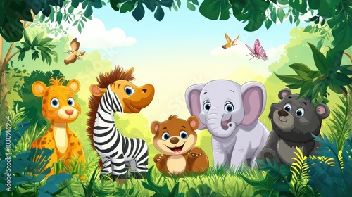 Zoo Animals on Nature Background. A group of animals are together on a nature background with text area.