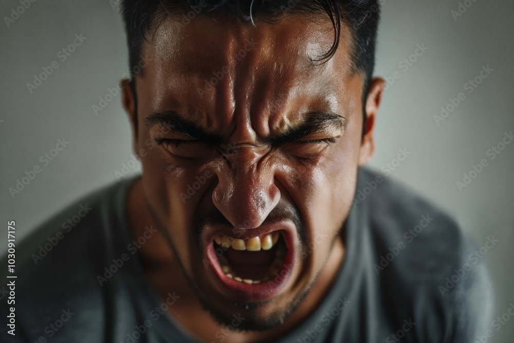 Angry young adult Latin American man yelling screaming and shouting on grey background Angry young adult Latin American man yelling screaming and shouting on grey background