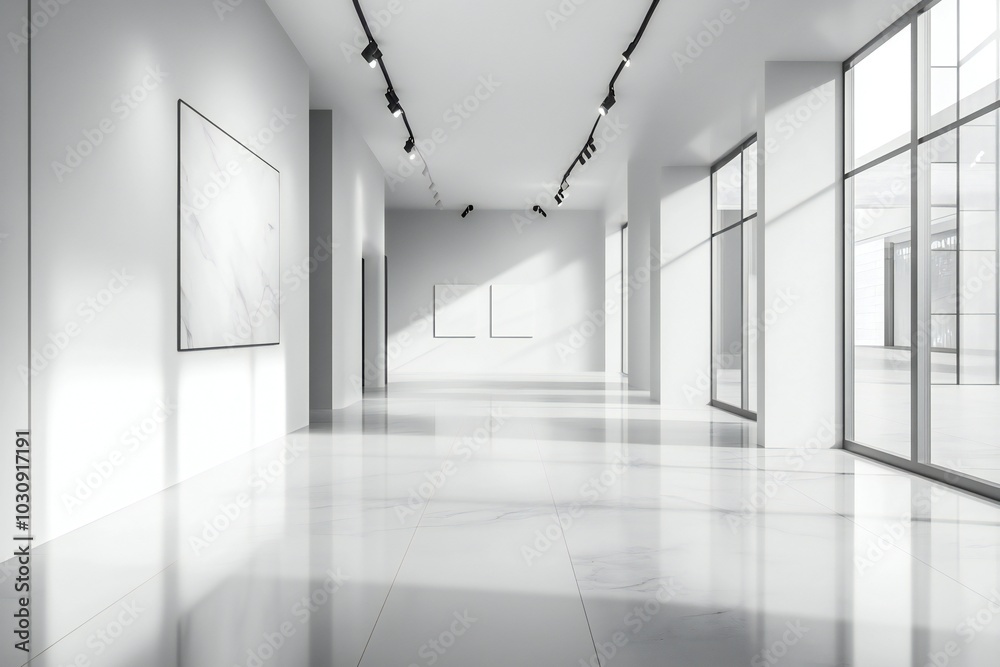 Fototapeta premium A modern, empty gallery interior with white walls and spotlights on a plain background, concept of an exhibition space. 3D Rendering