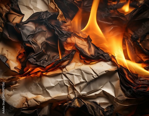 Papel arrugado con textura en llamas durante un incendio