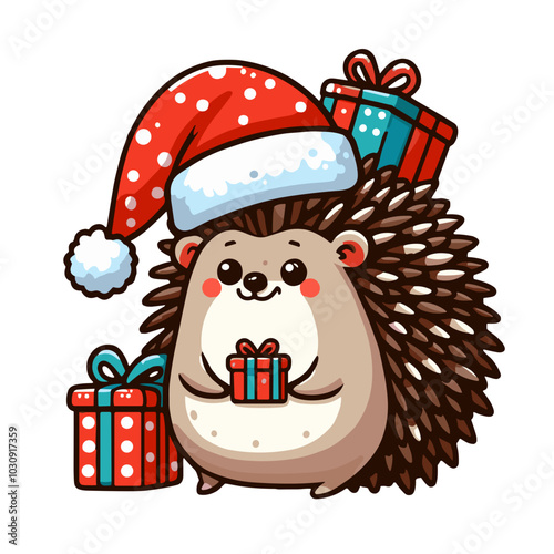 Hedgehog wearing a Santa hat and gifts on his back, colored vector, flat colors, Christmas and New Year mood, transparent background 