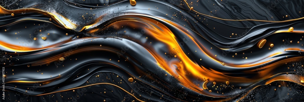Abstract black and gold liquid texture with fluid waves and small bubbles. Abstract black and gold liquid texture with fluid waves and small bubbles.