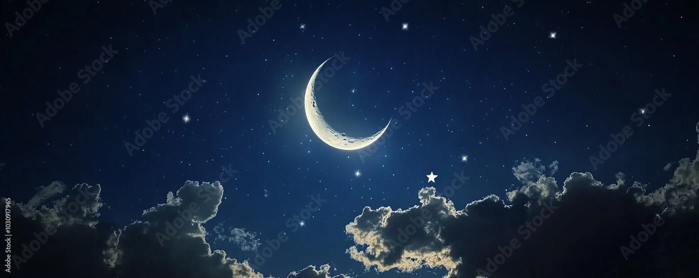 Fototapeta premium Bright crescent moon shines through dark clouds, casting a soft glow in the starry night sky, creating a tranquil and heavenly scene