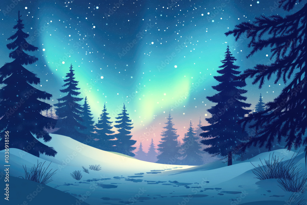 Aurora borealis over snowy pine forest with starry sky and northern lights Aurora borealis over snowy pine forest with starry sky and northern lights