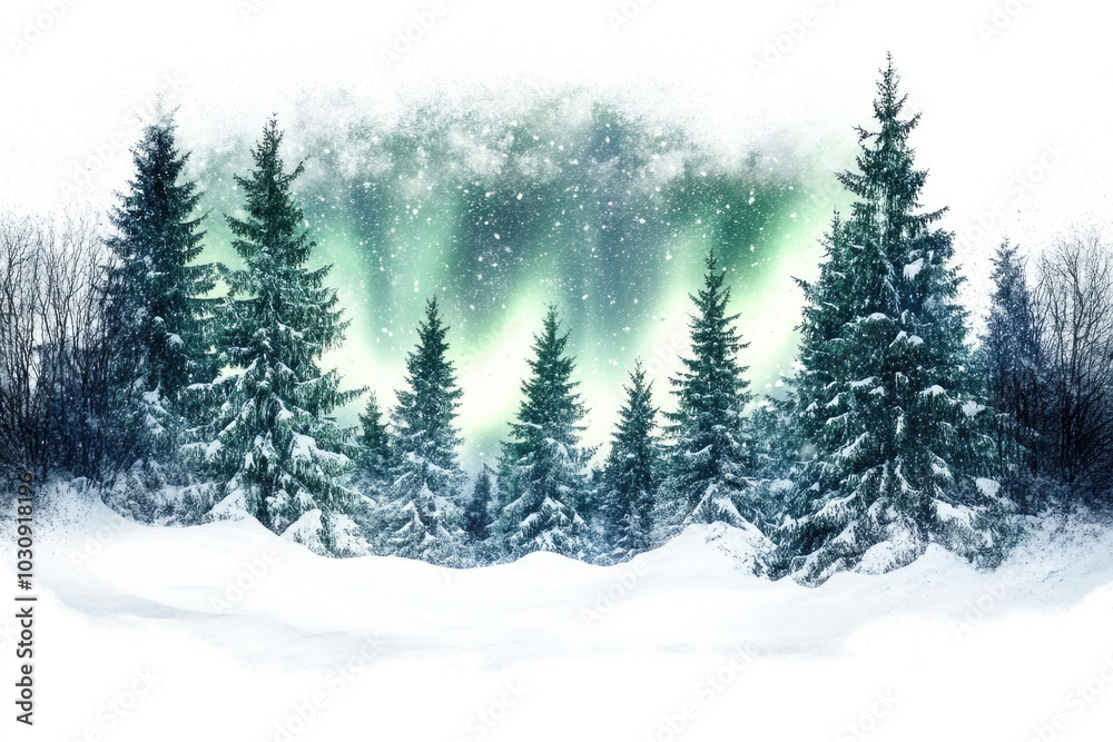 Fototapeta premium Enchanted winter forest under northern lights in serene snowy scene